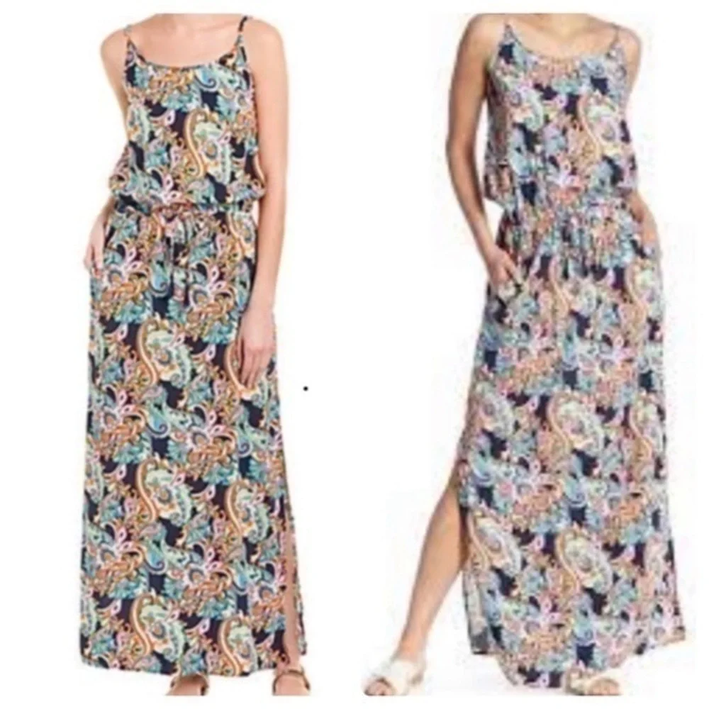 Tommy Bahama Mare Multi Paisley Print Elastic Tie Waist Slit Side Maxi Dress S